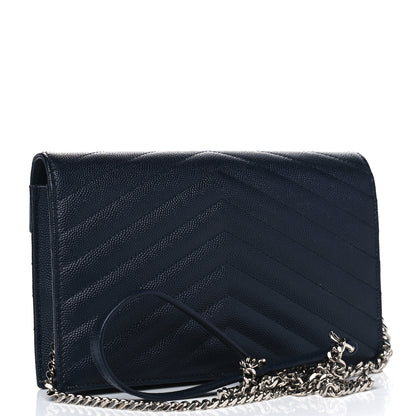 Saint Laurent Grain De Poudre Matelasse Chevron Monogram Envelope Chain Wallet Navy 2 of 4