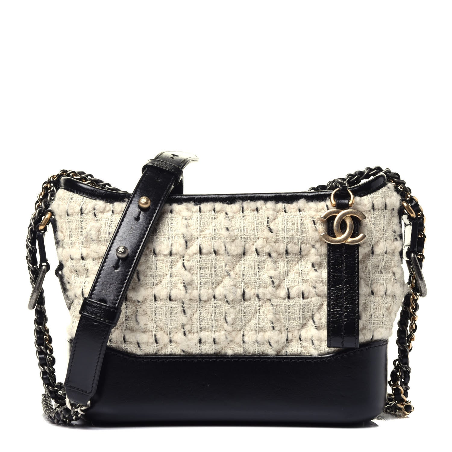 Chanel Tweed Calfskin Quilted Small Gabrielle Hobo Ivory Black 1 of 9
