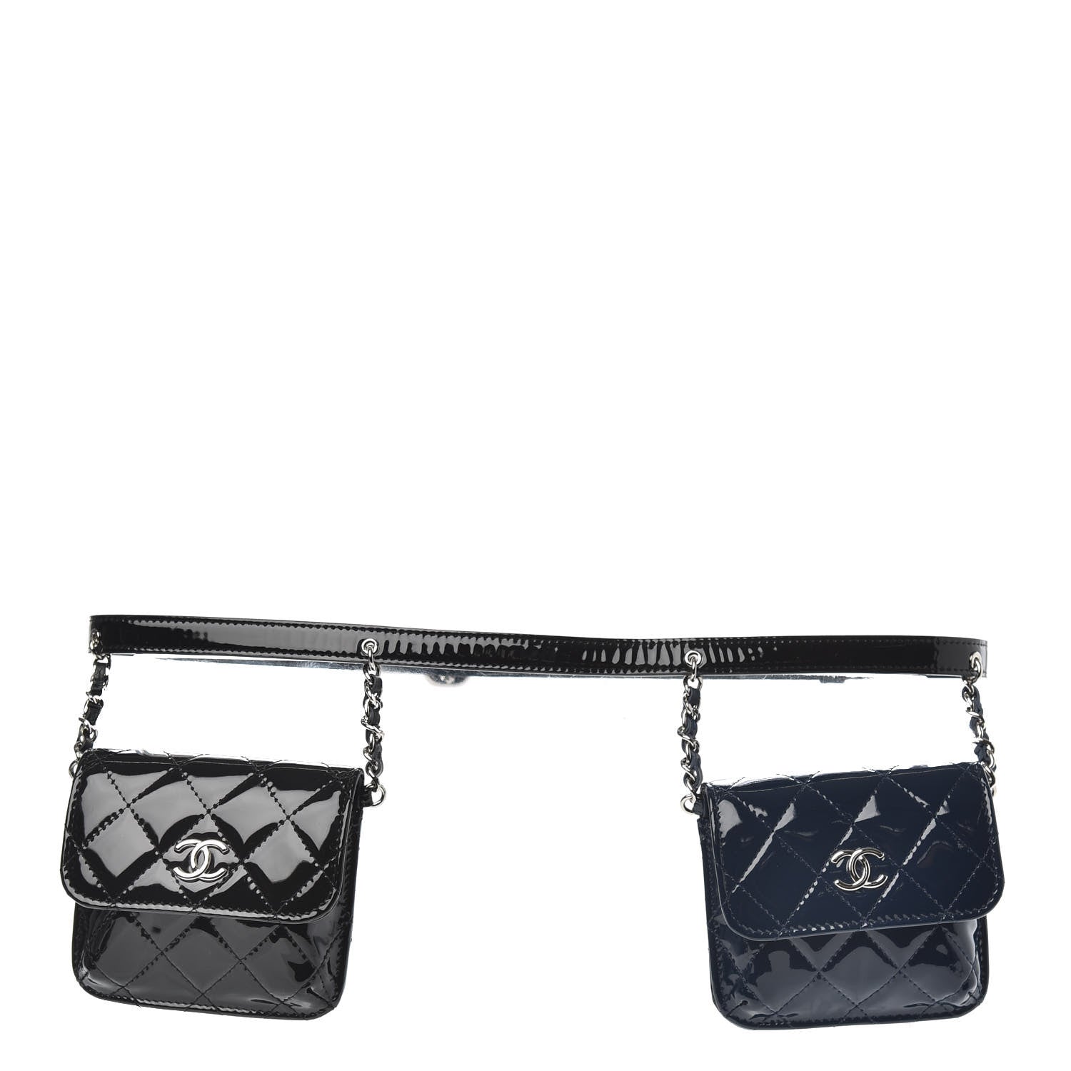 Chanel Patent Quilted Double Mini Flap Waist Bag Black Navy Blue 1 of 7