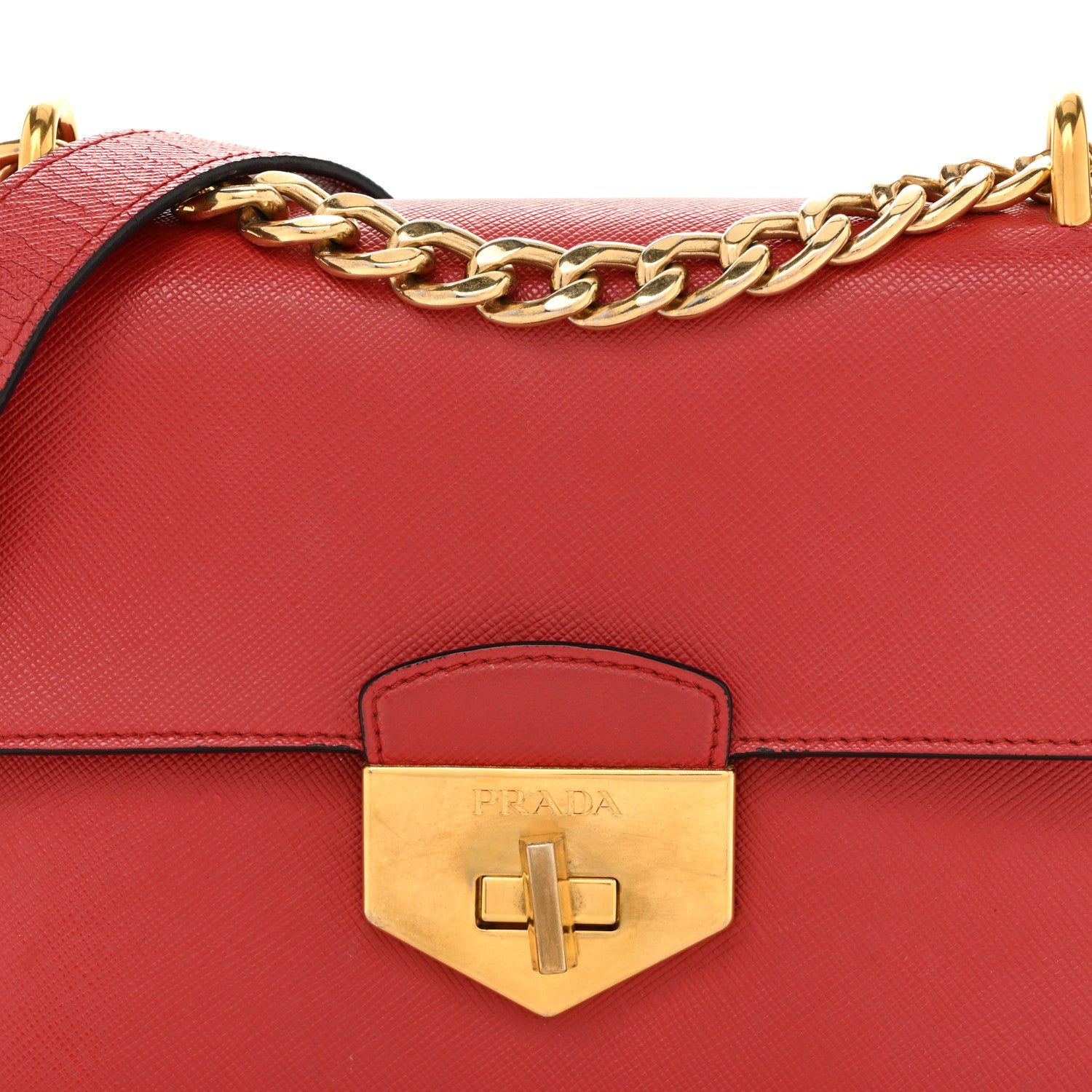 Prada Saffiano Turn Lock Chain Shoulder Bag Fuoco 9 of 18