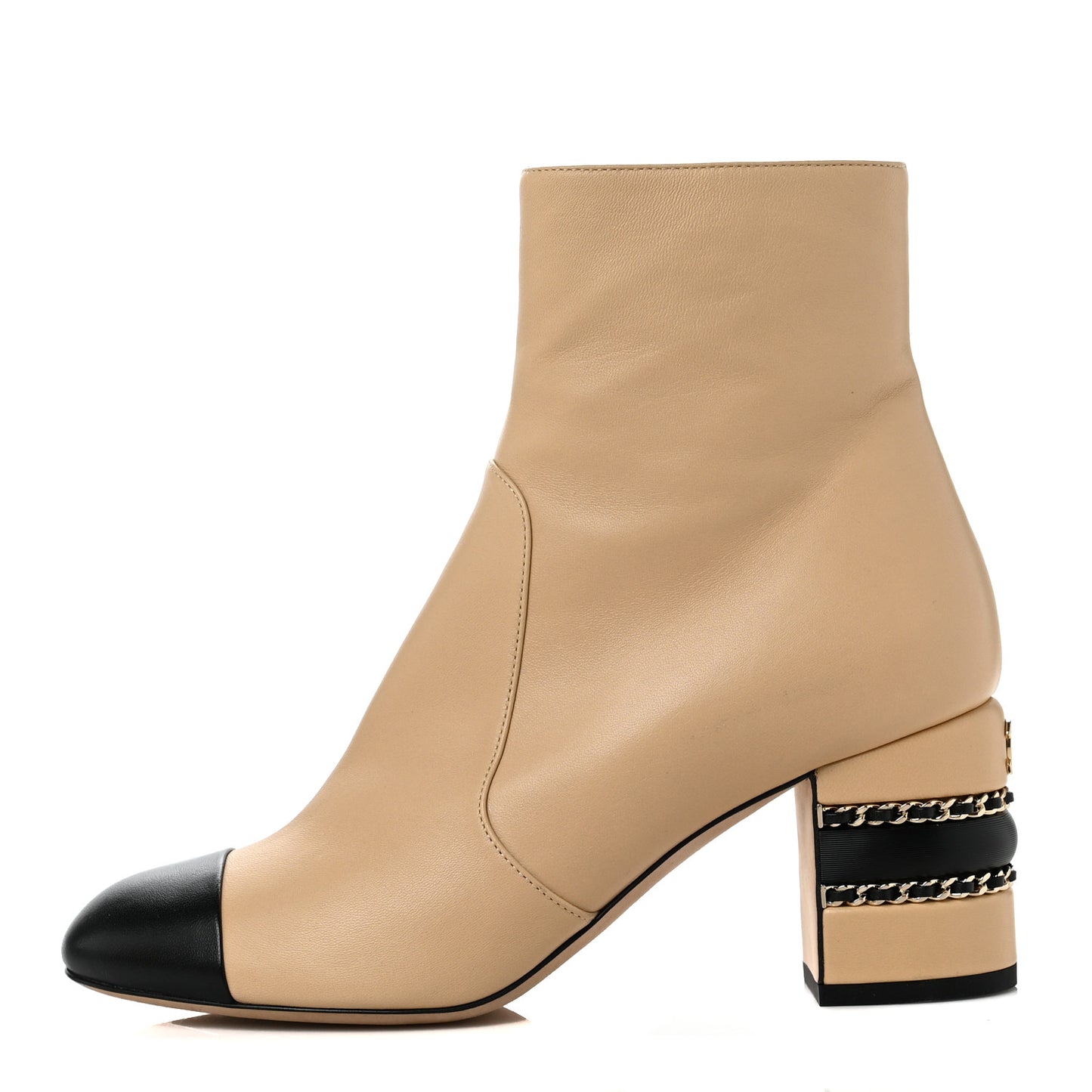 Lambskin Double Stack Chain Cap Toe Boots 38 Beige Black