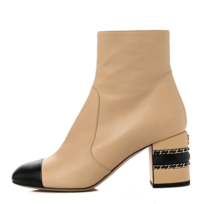 Chanel Lambskin Double Stack Chain Cap Toe Boots 38 Beige Black 1 of 9