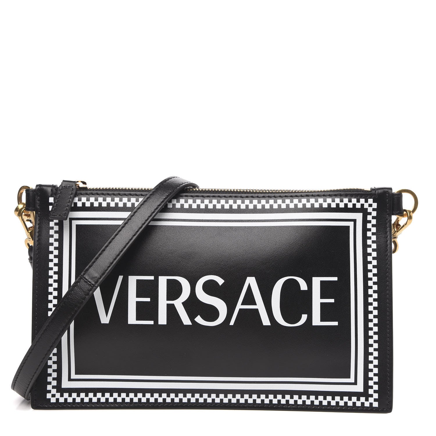 Versace Calfskin 90's Vintage Logo Crossbody Clutch Black White 1 of 10