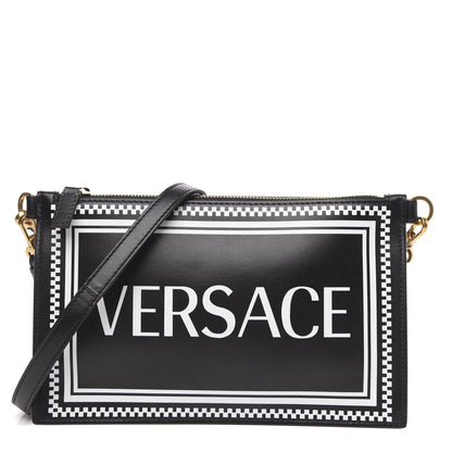 Versace Calfskin 90's Vintage Logo Crossbody Clutch Black White 1 of 10