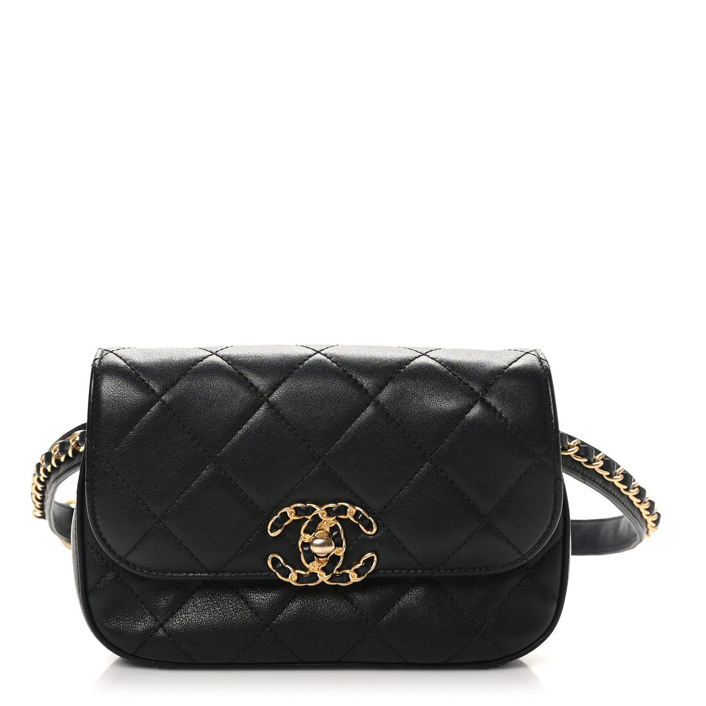 Lambskin Quilted Chain Infinity Waist Belt Bag Black