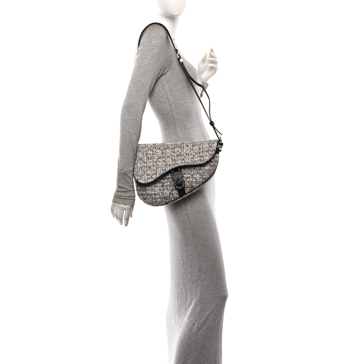 Christian Dior Tweed Saddle Crossbody Bag Black Silver 2 of 13