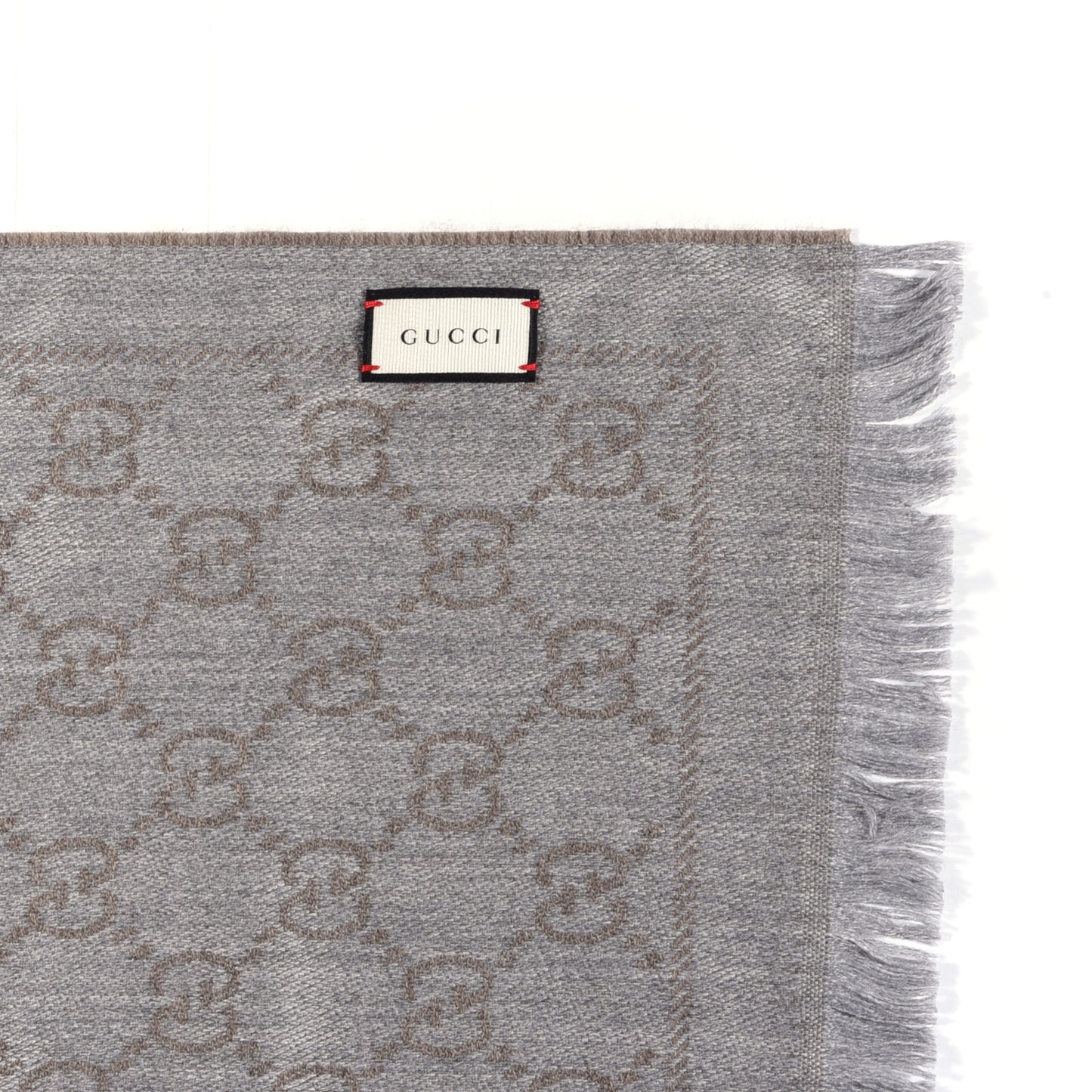 Wool Jacquard GG Monogram Sten Fringe Scarf Taupe Light Grey