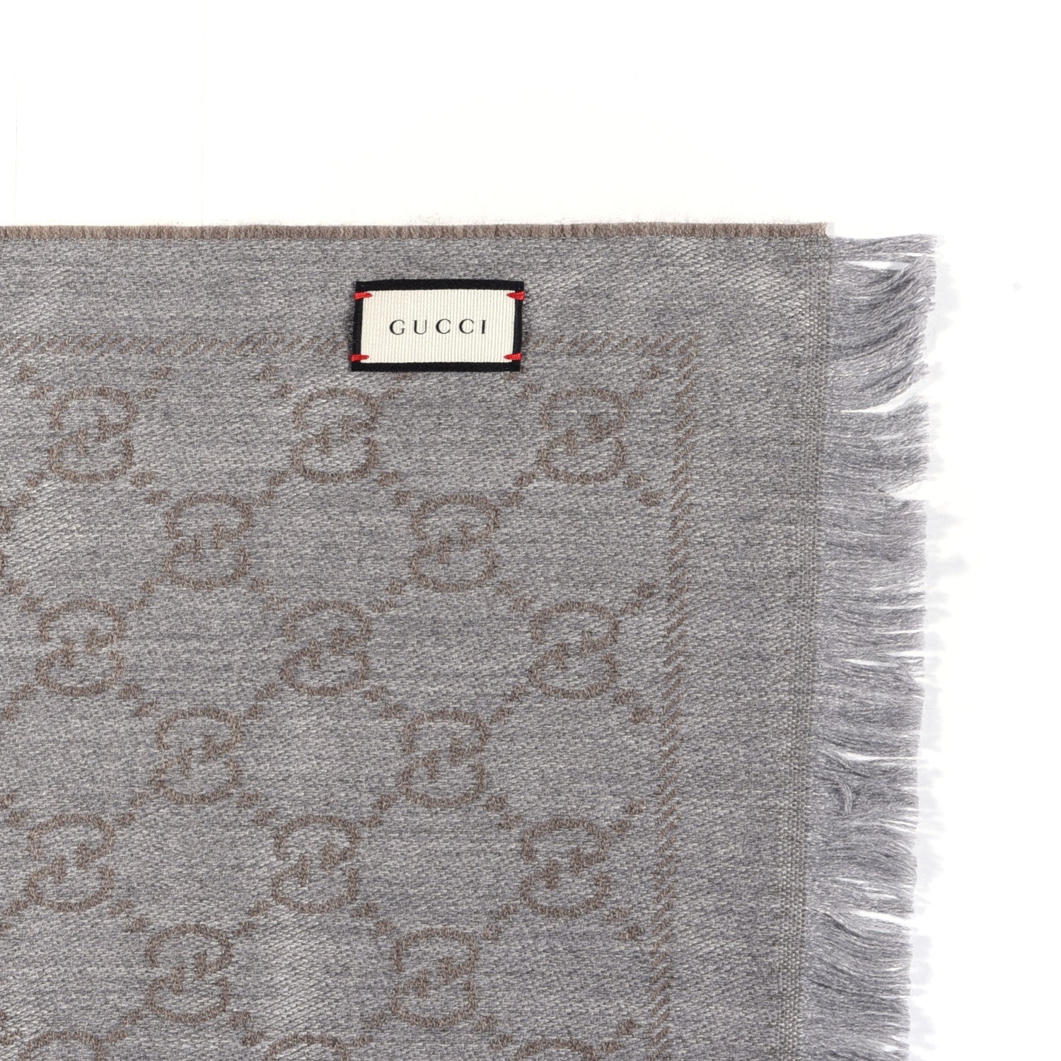 Gucci Wool Jacquard GG Monogram Sten Fringe Scarf Taupe Light Grey 3 of 4