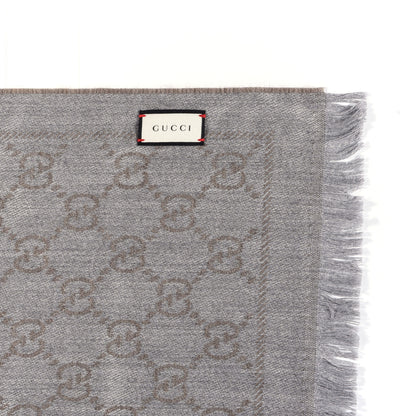 Gucci Wool Jacquard GG Monogram Sten Fringe Scarf Taupe Light Grey 3 of 4