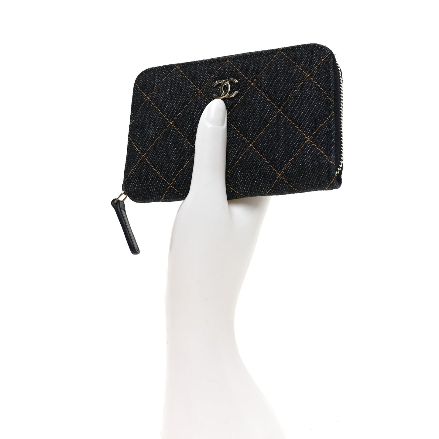 Denim Quilted Zip Coin Purse Dark Blue Orange
