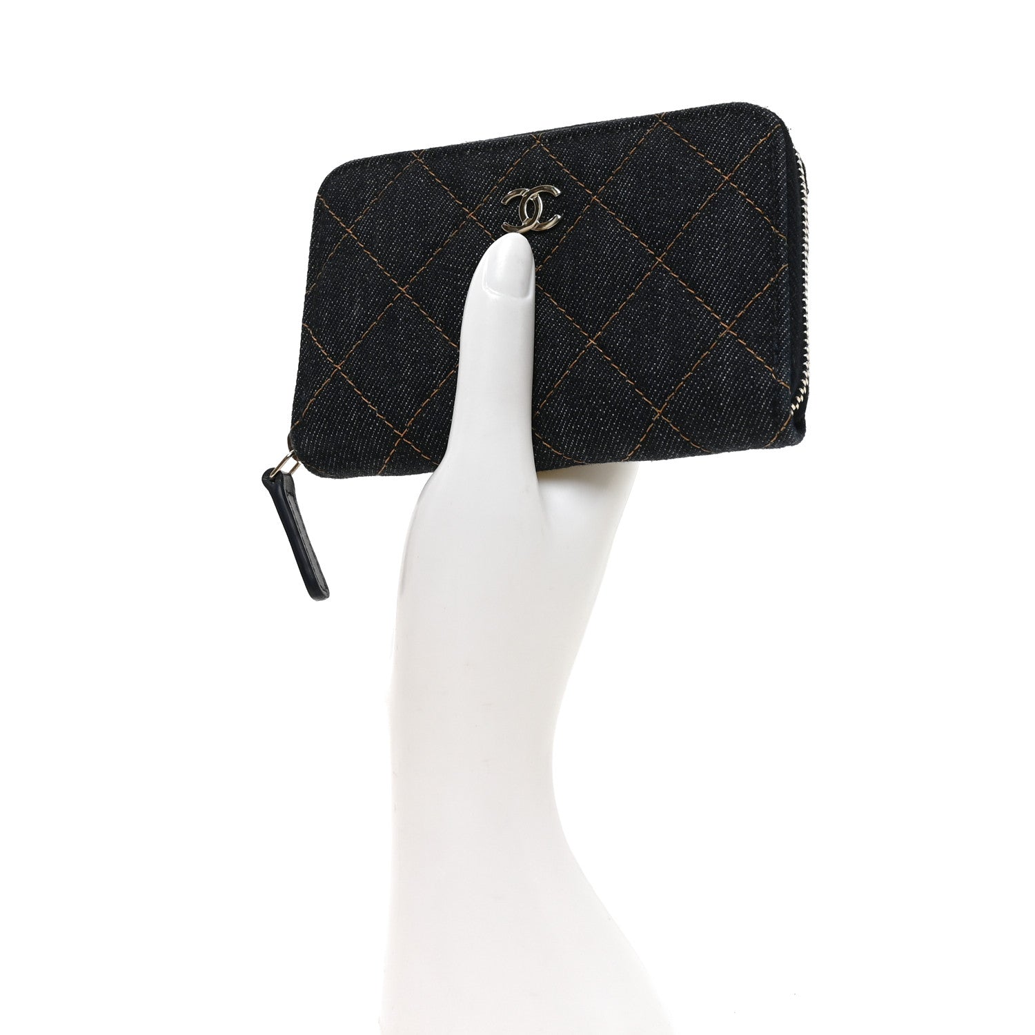 Chanel Denim Quilted Zip Coin Purse Dark Blue Orange 2 of 8