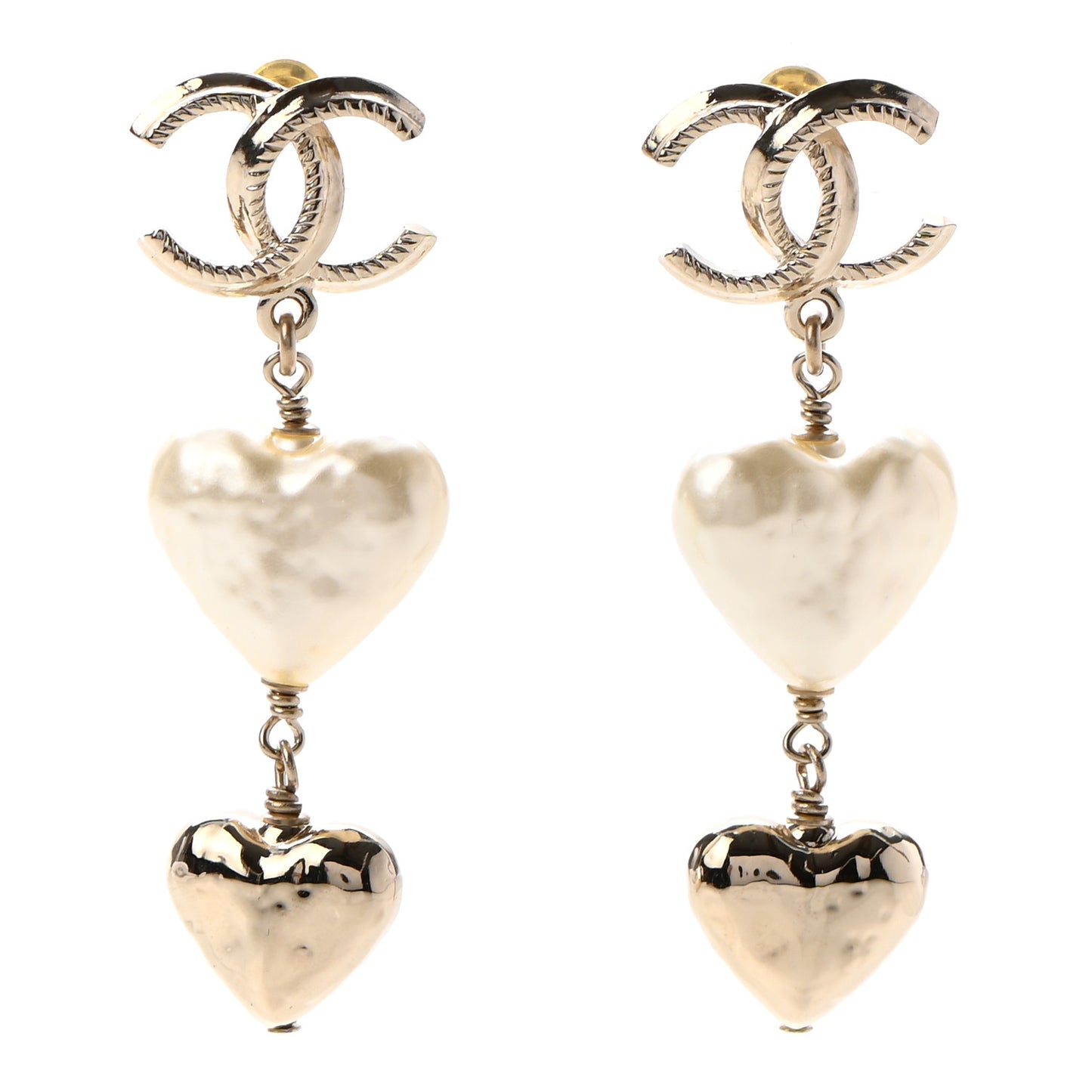 Pearl CC Double Heart Drop Earrings Gold
