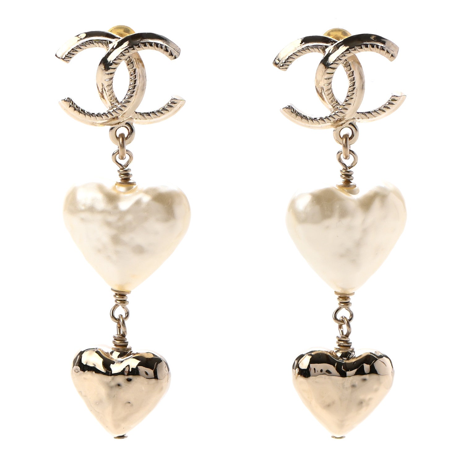 Chanel Pearl CC Double Heart Drop Earrings Gold 1 of 4