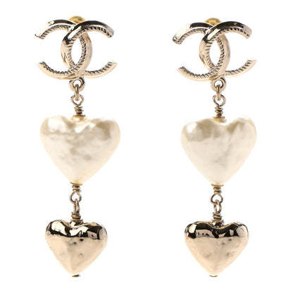 Chanel Pearl CC Double Heart Drop Earrings Gold 1 of 4