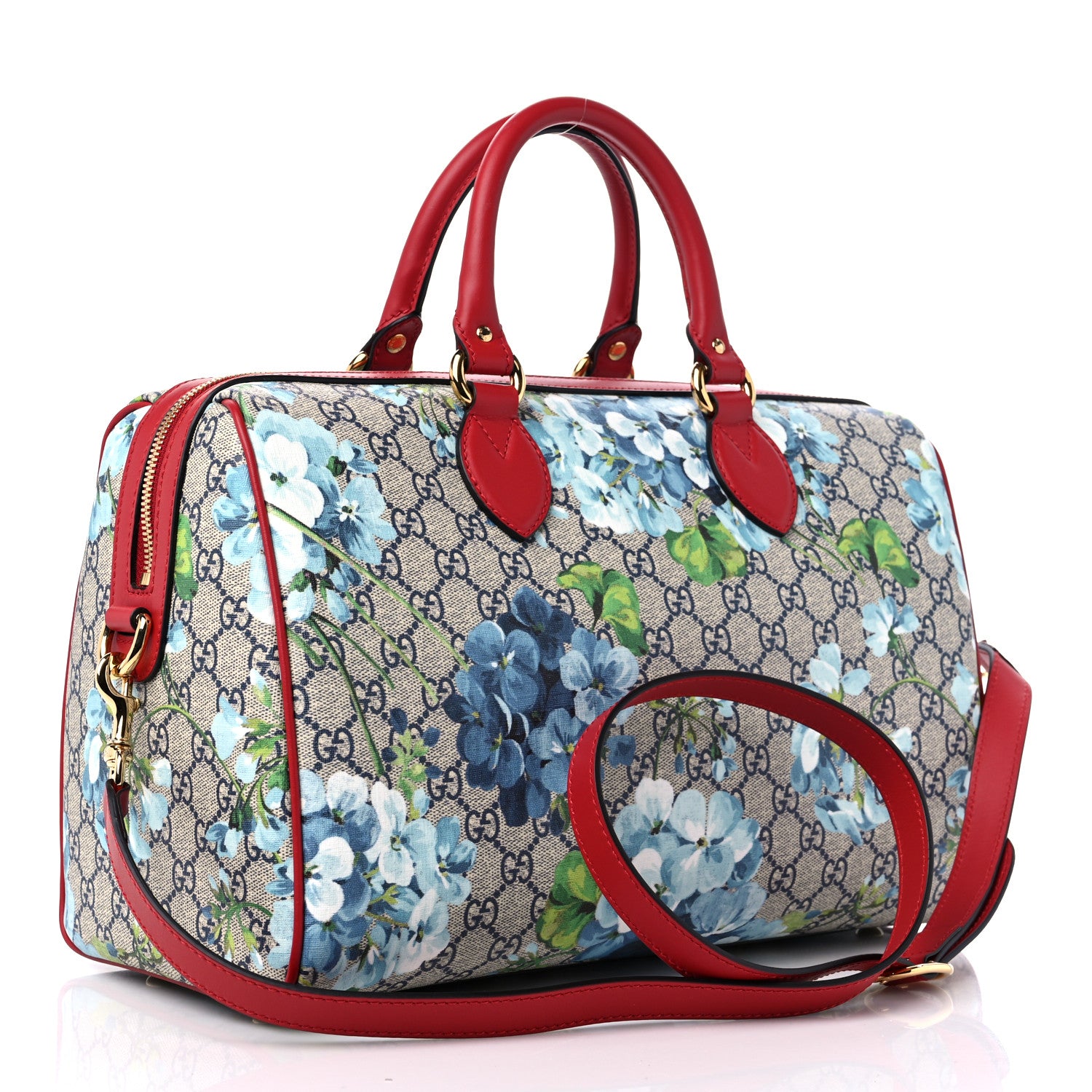 Gucci GG Supreme Monogram Blooms Medium Boston Beige Blue Navy Hibiscus Red 2 of 9