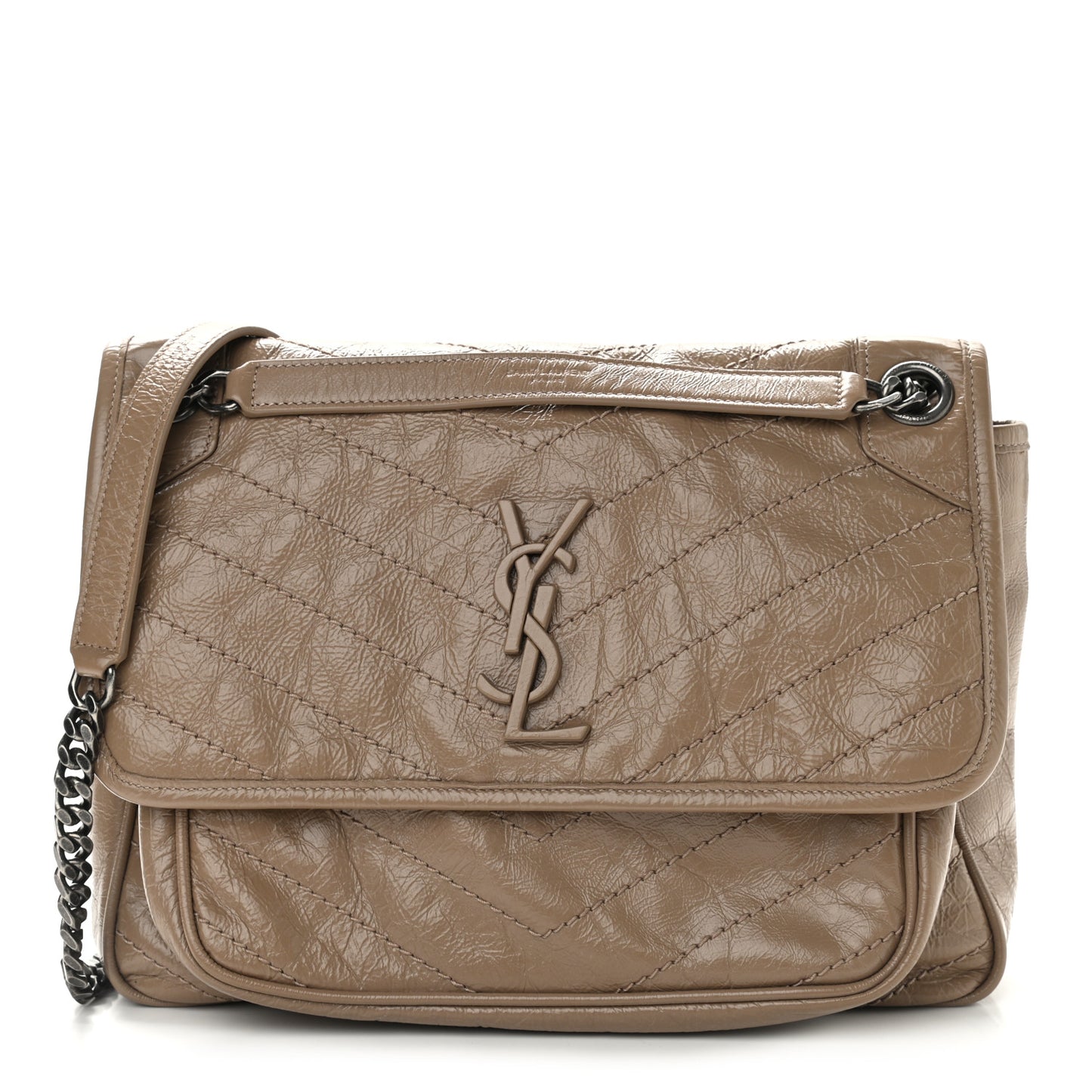 Crinkled Calfskin Matelasse Monogram Medium Niki Chain Satchel Light Taupe