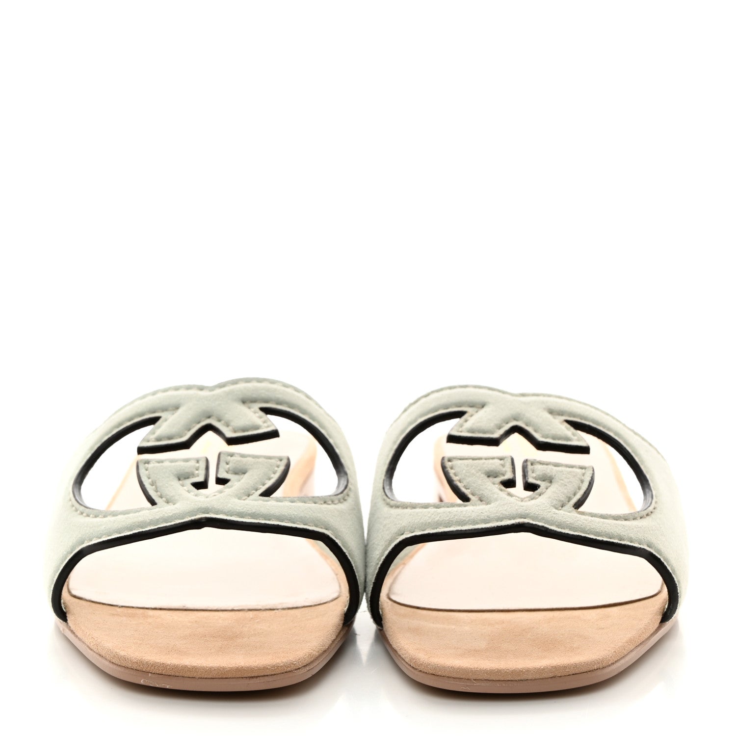 Gucci Kid Scamosciato Interlocking G Cut Out Slide Sandals 38.5 Pale Green 2 of 8