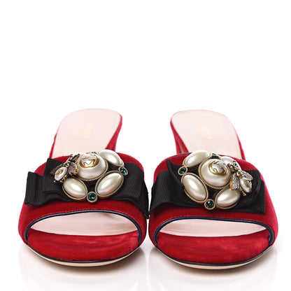 Gucci Velvet Pearl Embellished Slide Sandals 40.5 Hibiscus Red 2 of 9