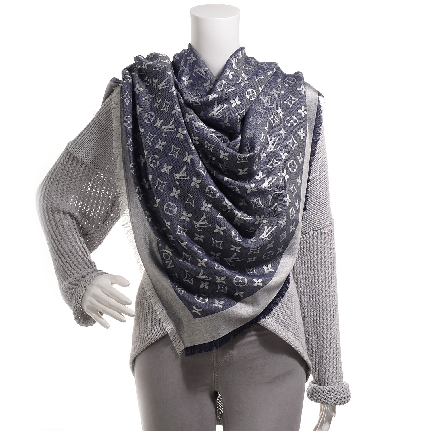 Louis Vuitton Wool Silk Monogram Denim Shawl Blue 2 of 5