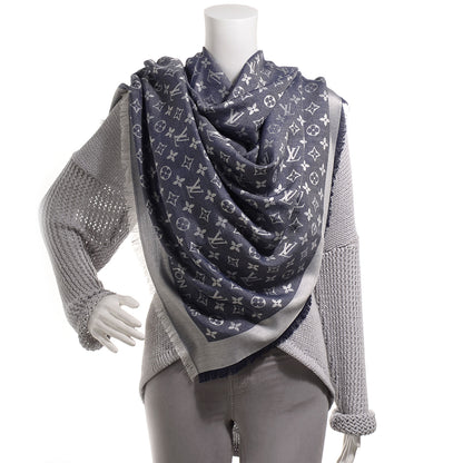 Louis Vuitton Wool Silk Monogram Denim Shawl Blue 2 of 5