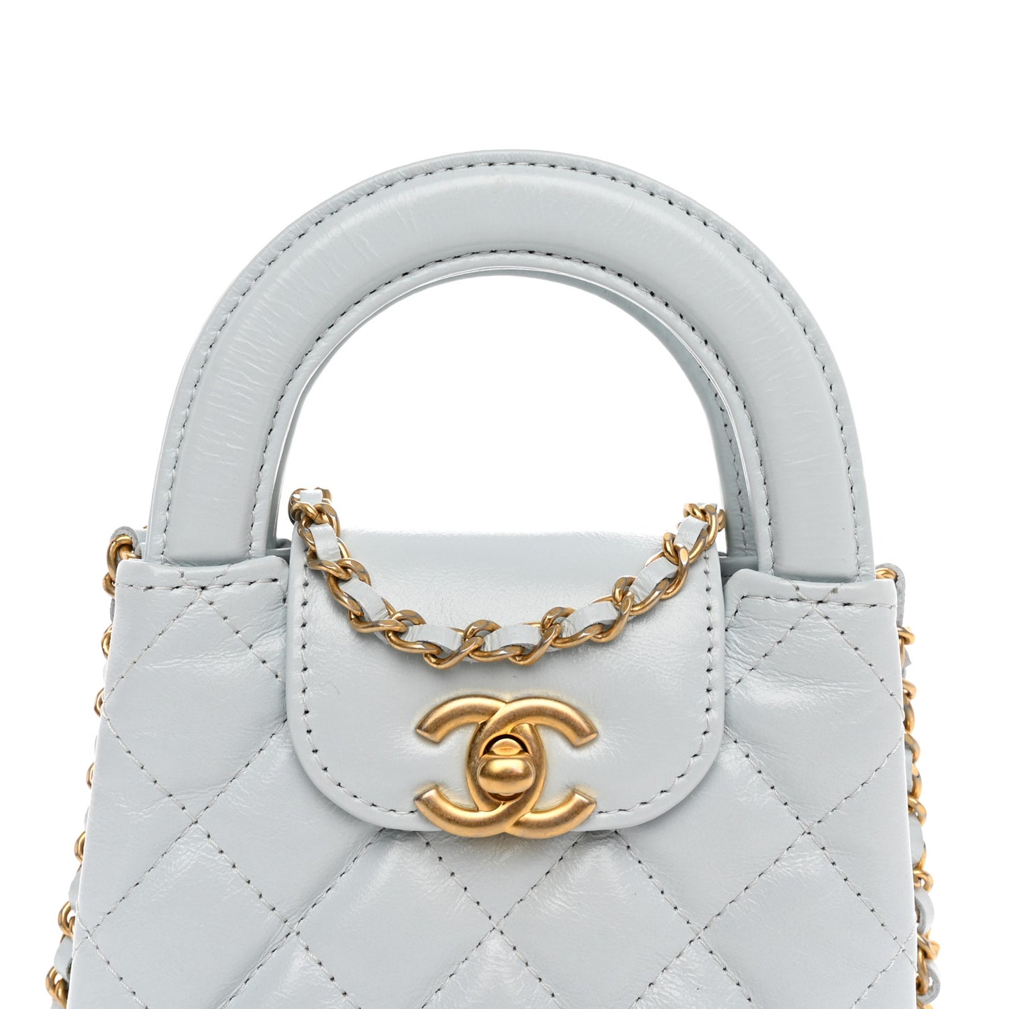 Shiny Aged Calfskin Quilted Mini Nano Kelly Shopper Light Blue