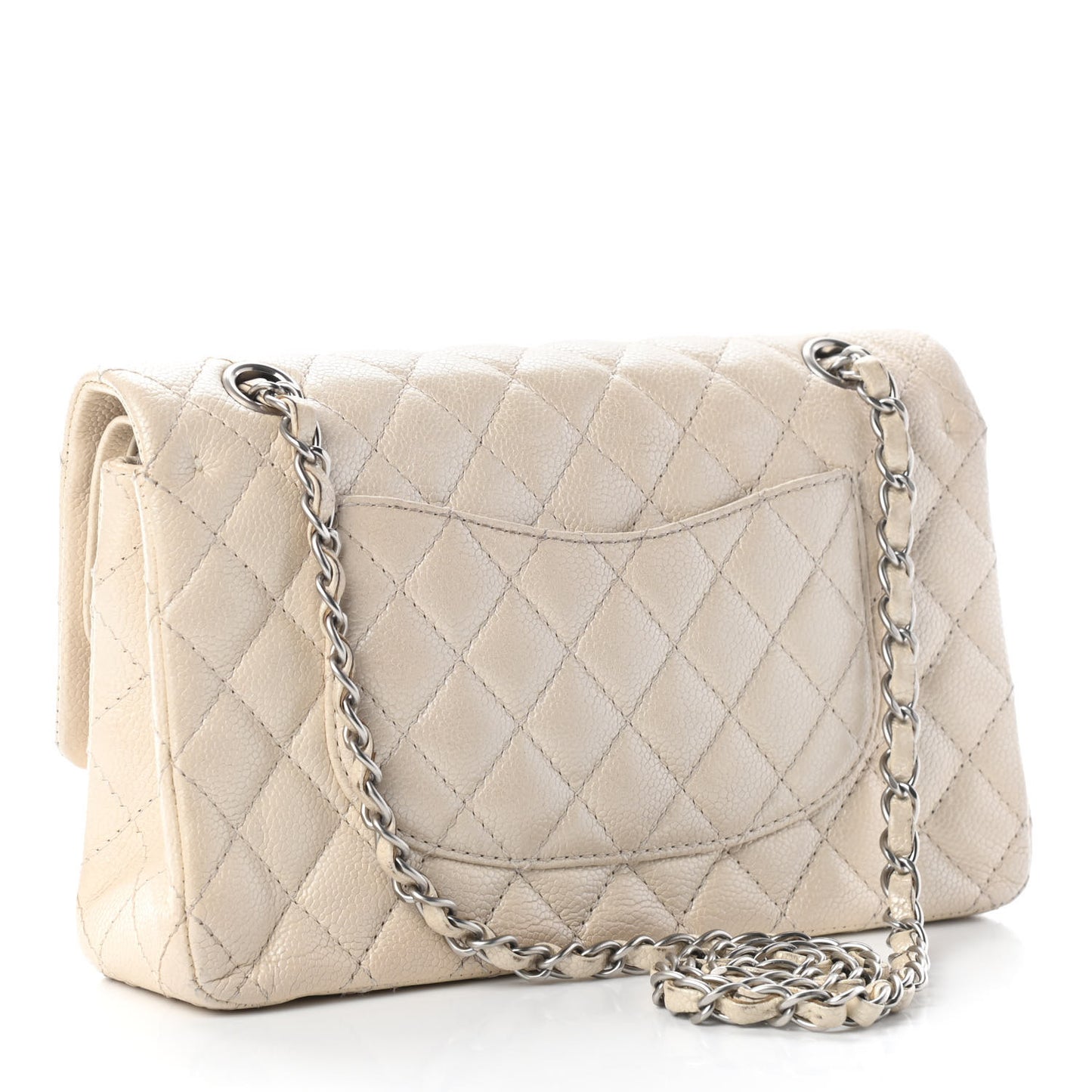 Iridescent Caviar Quilted Medium Double Flap Beige