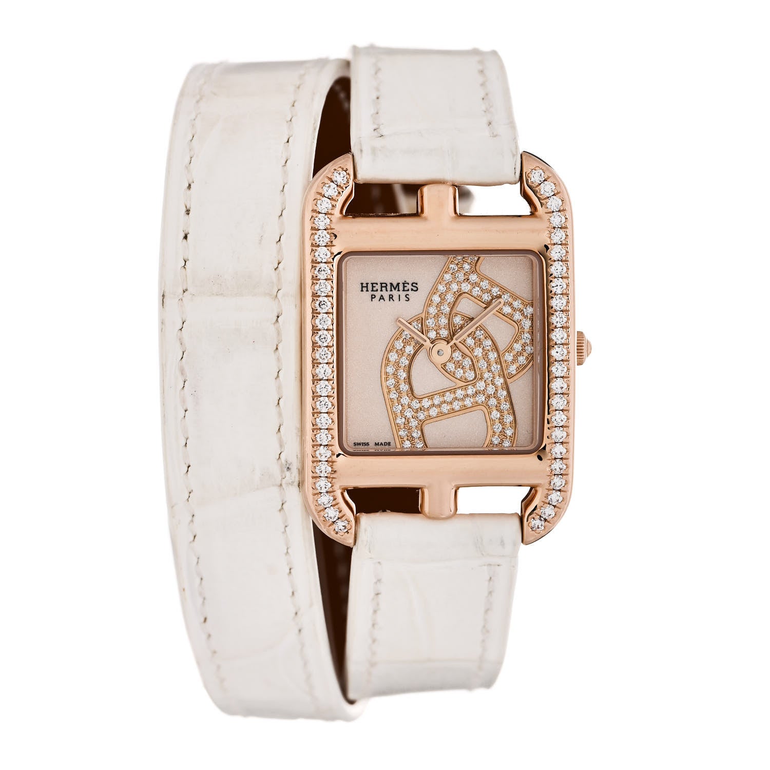 Hermes 18K Rose Gold Alligator Diamond Bezel 23mm Cape Cod Chaine d'Ancre Joaillier Double Tour Quartz Watch Blanc 1 of 5