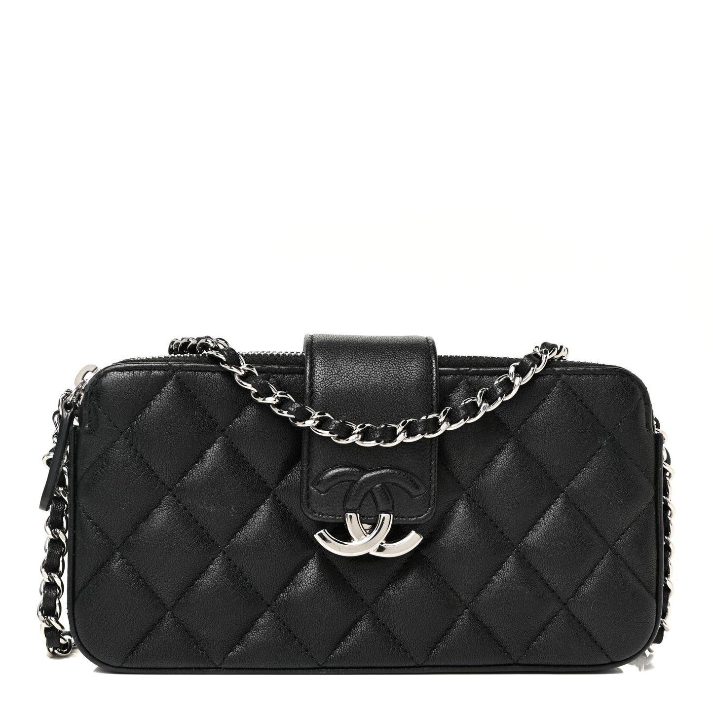 Lambskin Quilted CC Box Clutch With Chain Black