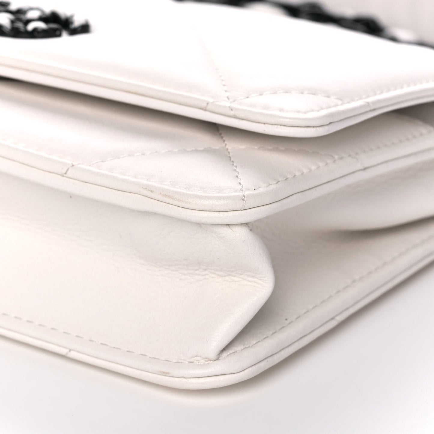 Glossy Calfskin Quilted Chanel 19 Wallet On Chain WOC White Black