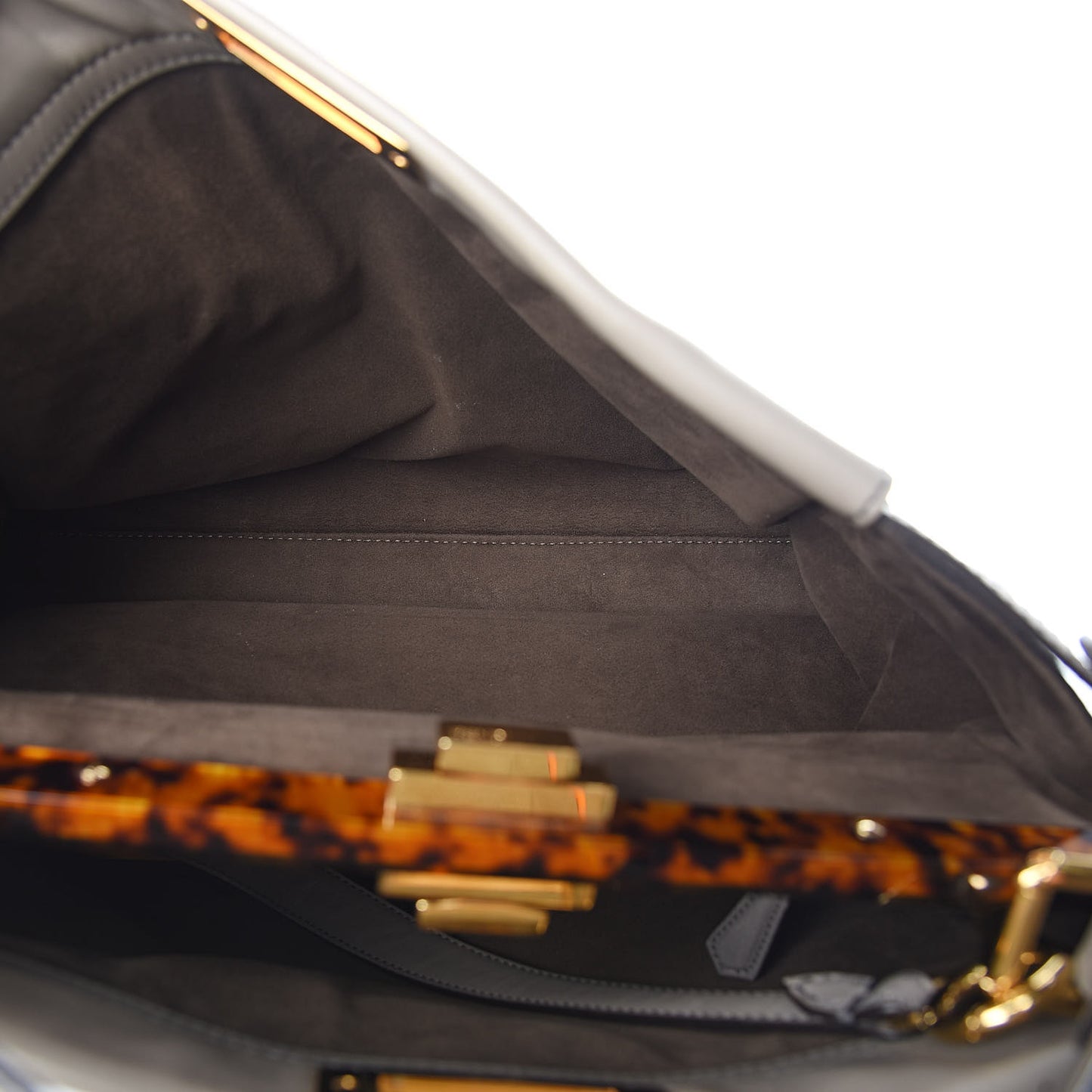 Vitello Seta Suede Plexiglass Tortoise Large Peekaboo Iconic Satchel Asfalto Marrone