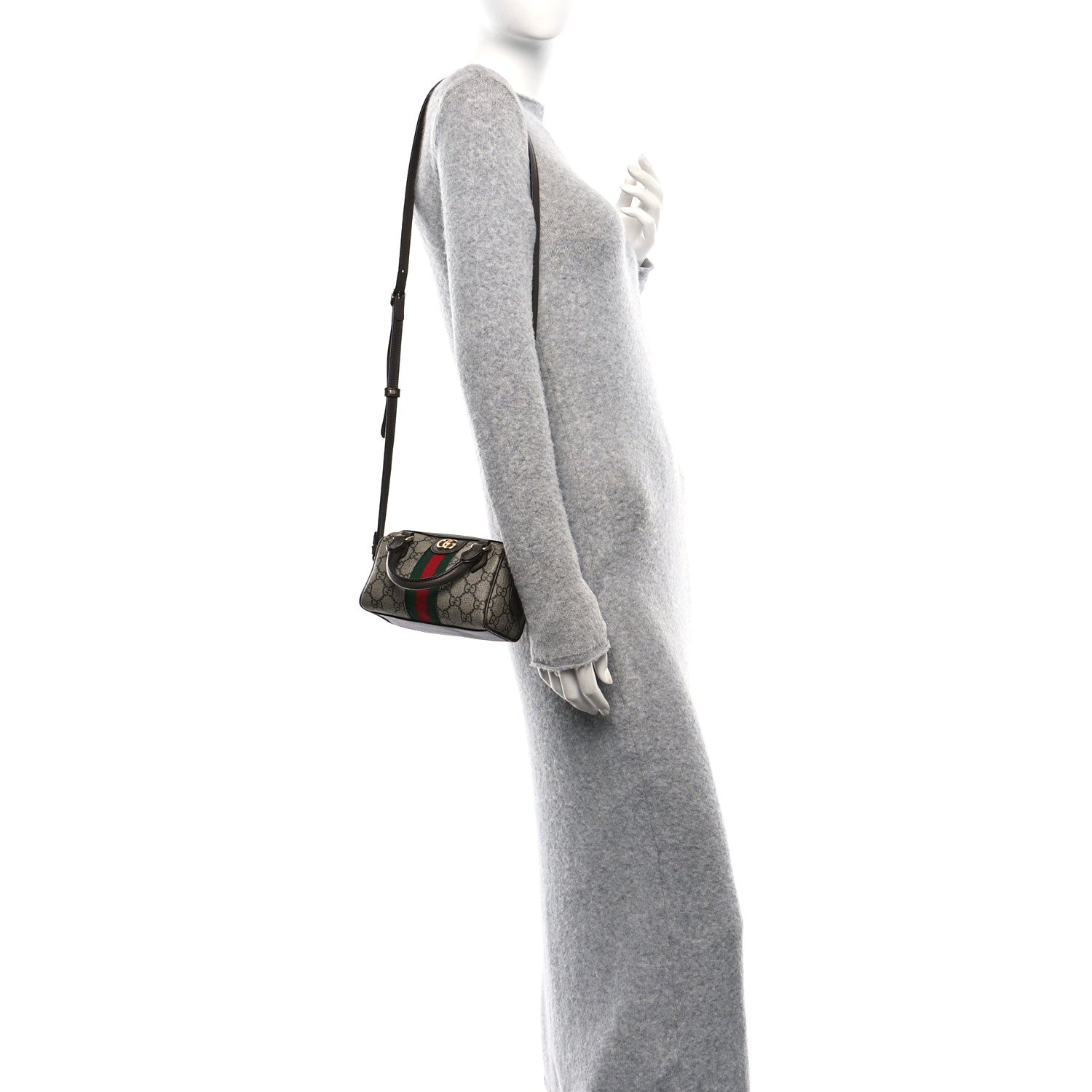 Gucci GG Supreme Monogram Textured Dollar Calfskin Web Super Mini Ophidia Top Handle Bowler Bag Beige Ebony New Acero 2 of 15