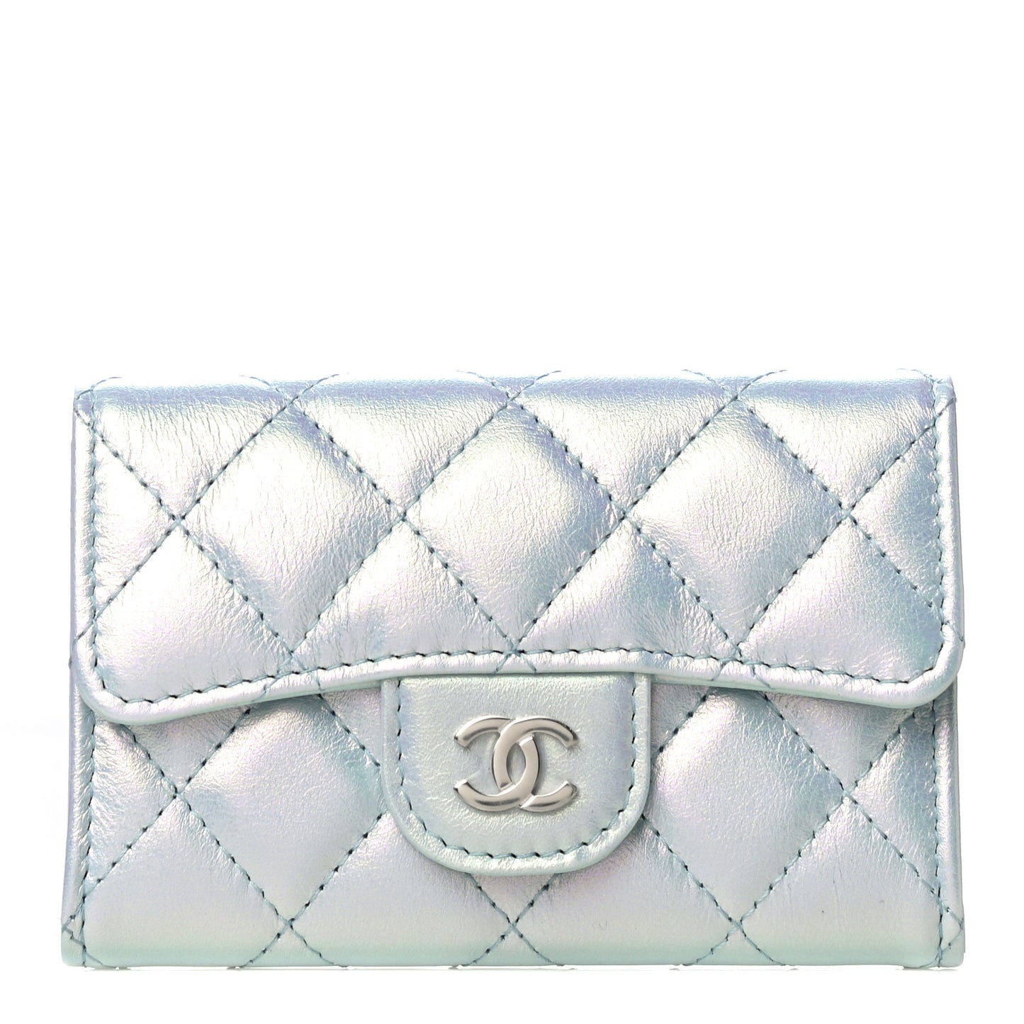 Iridescent Calfskin Quilted Flap Card Holder Light Blue