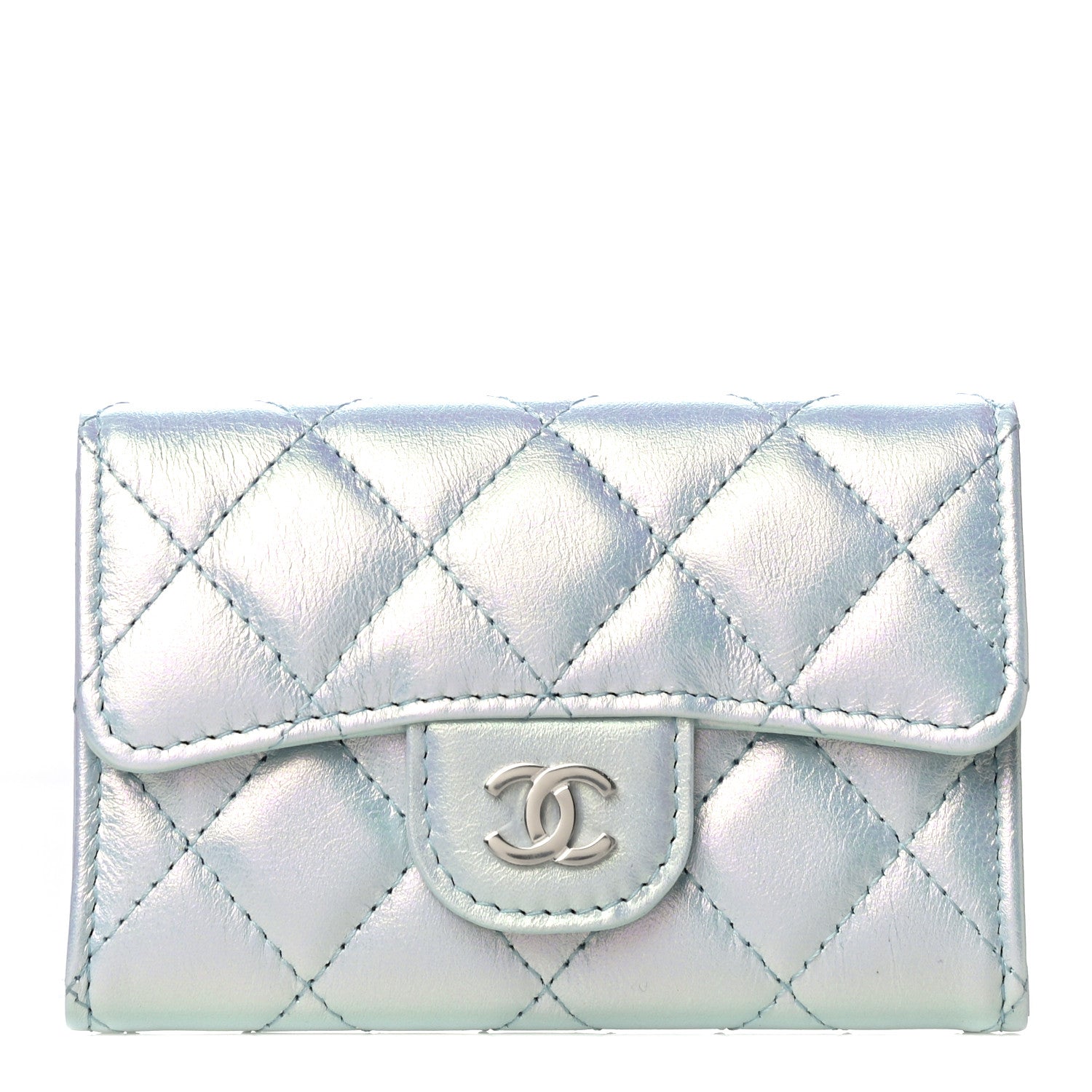 Chanel Iridescent Calfskin Quilted Flap Card Holder Light Blue 1 of 12