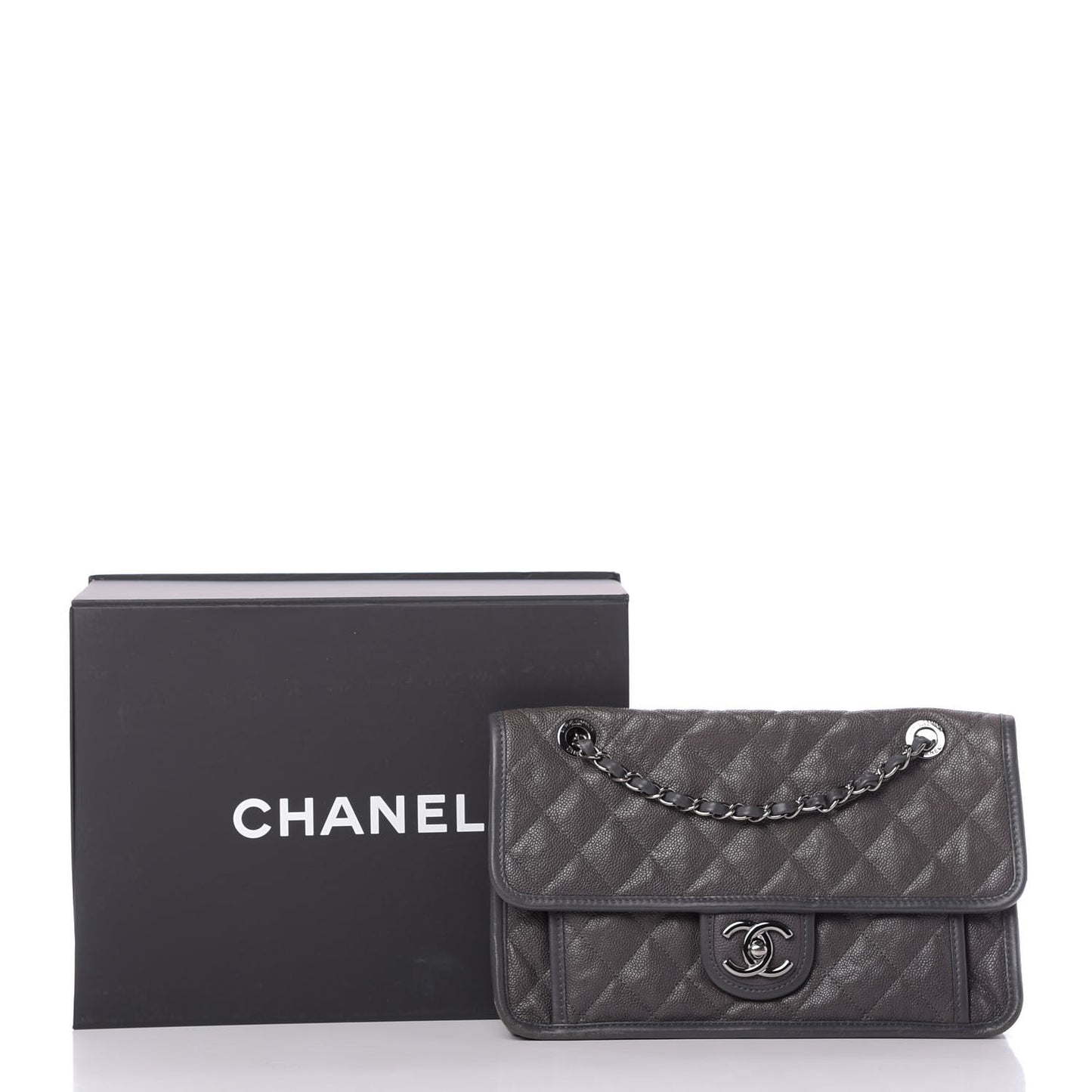 Caviar Quilted Large French Riviera Flap Dark Grey