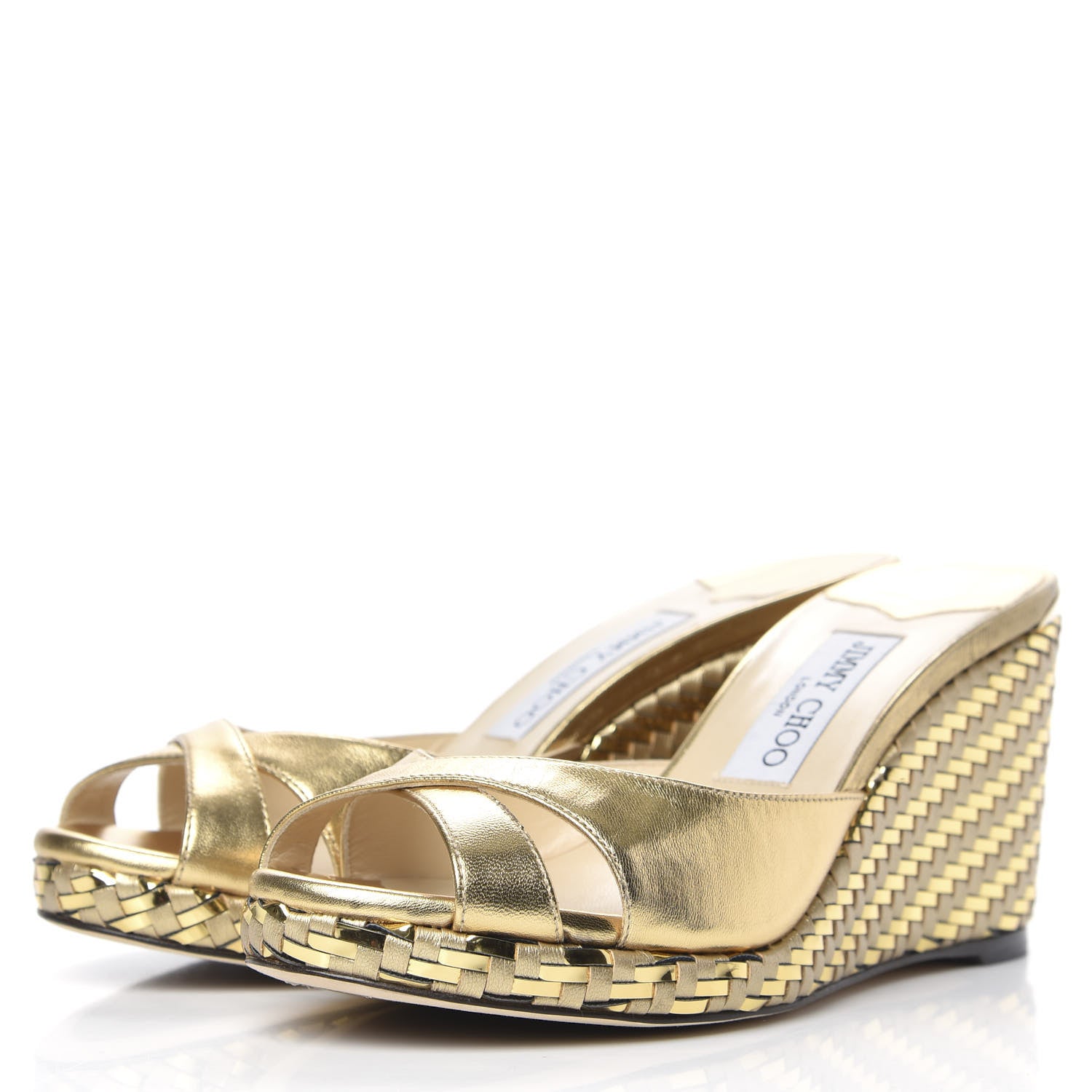 Jimmy Choo Metallic Nappa Woven Almer 80 Wedge Sandals 38 Gold 3 of 8