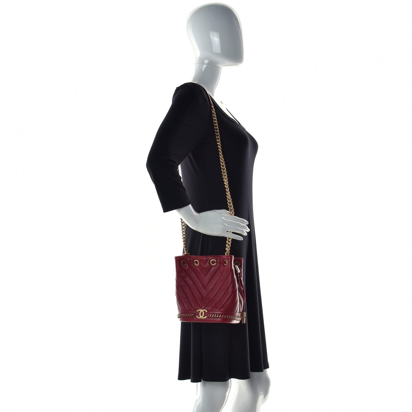 Sheepskin Chevron Quilted Small Drawstring Bag Dark Red