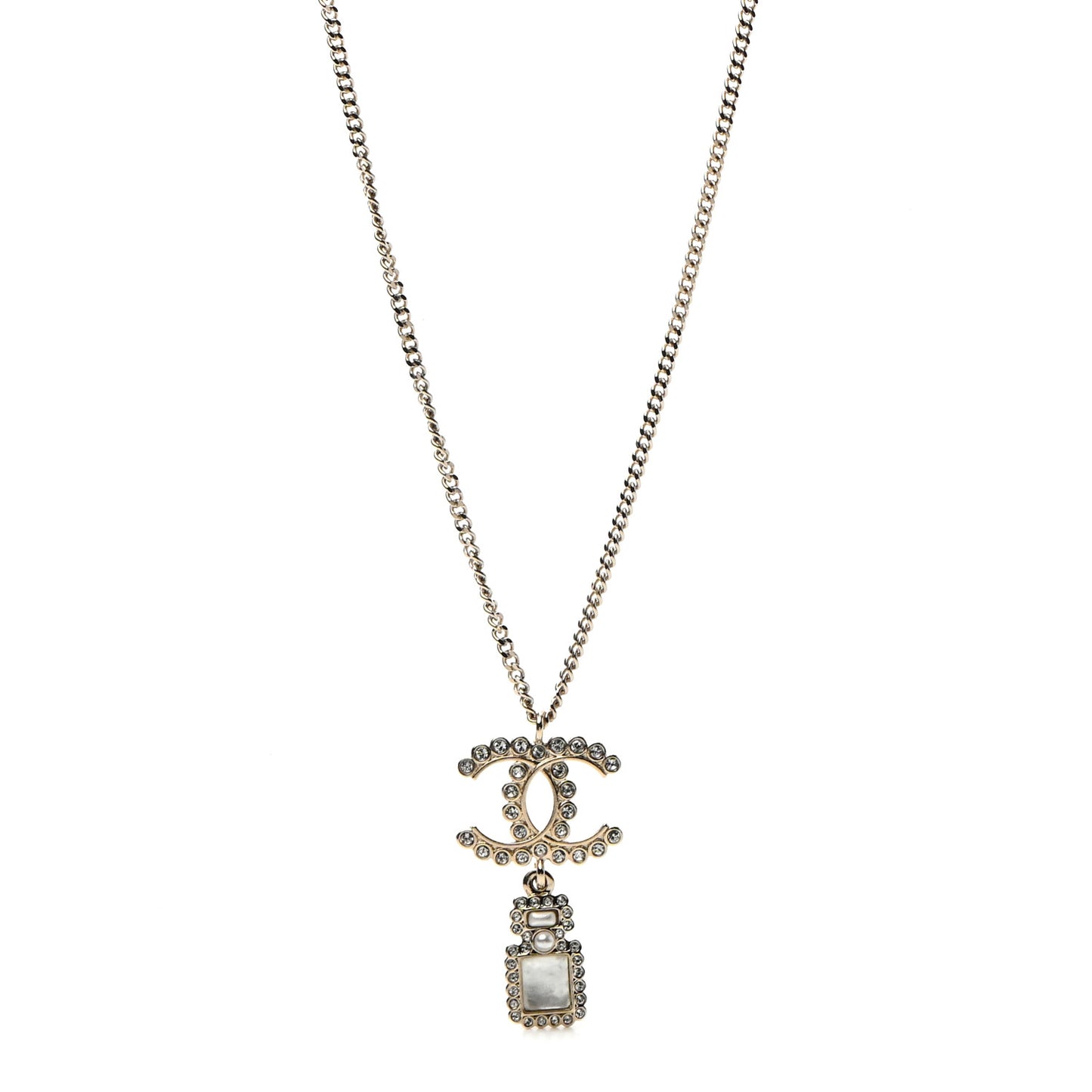 Crystal Pearl CC Perfume Bottle Necklace Pearly White Gold