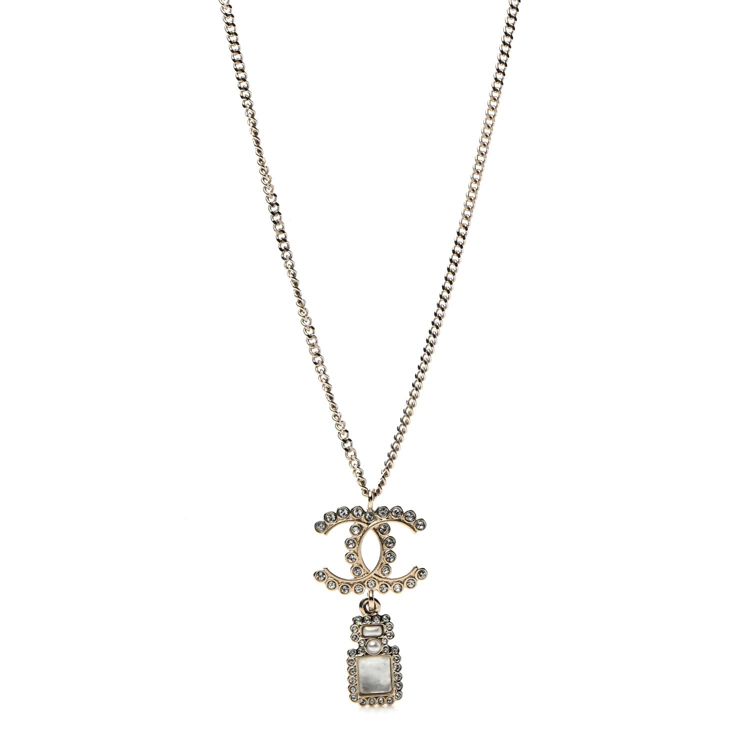 Chanel Crystal Pearl CC Perfume Bottle Necklace Pearly White Gold 1 of 5