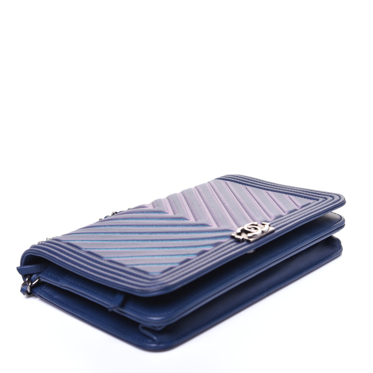 Calfskin Painted Chevron Embossed Boy Wallet On Chain WOC Navy