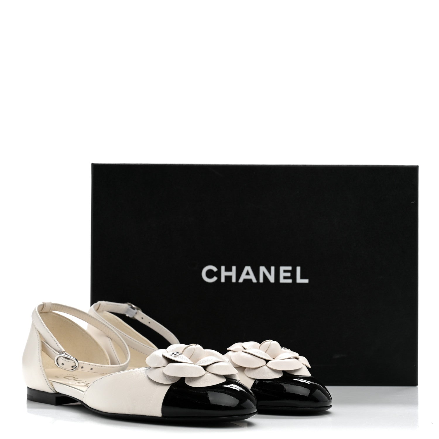 Chanel Lambskin Patent Calfskin Cap Toe Camellia Mary Jane Flats