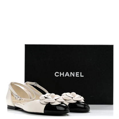 Chanel Lambskin Patent Calfskin Cap Toe Camellia Mary Jane Flats 37 White Black 10 of 10
