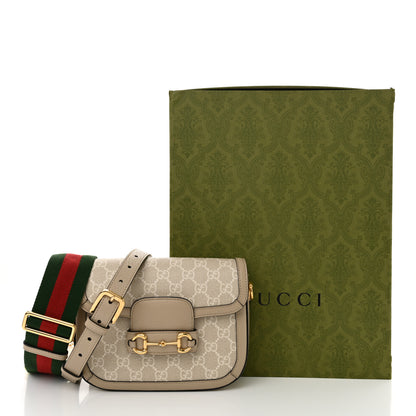 Gucci GG Supreme Monogram Textured Dollar Calfskin Web Mini Horsebit 1955 Shoulder Bag Beige Mystic White Oatmeal 12 of 12