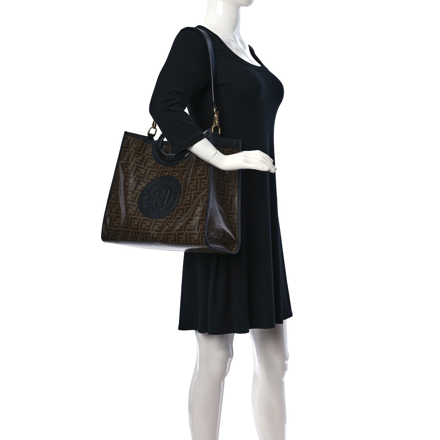 Fendi Glazed Fabric Vitello Century Plexiglass FF 1974 Stamp Patch Medium Runaway Shopper Tote Mogano Panna Black 2 of 10