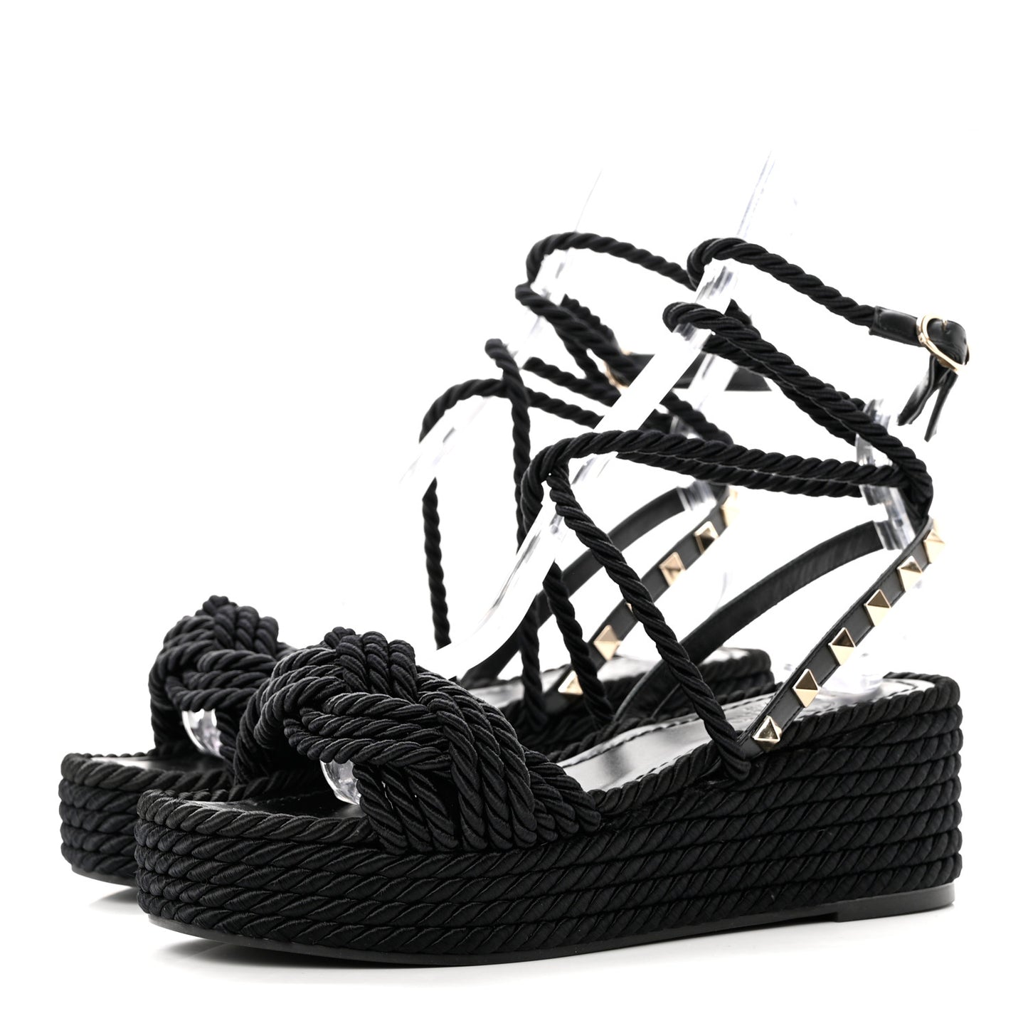 Calfskin Silk Woven Rockstud Torchon 55 Espadrille Sandals 36 Black