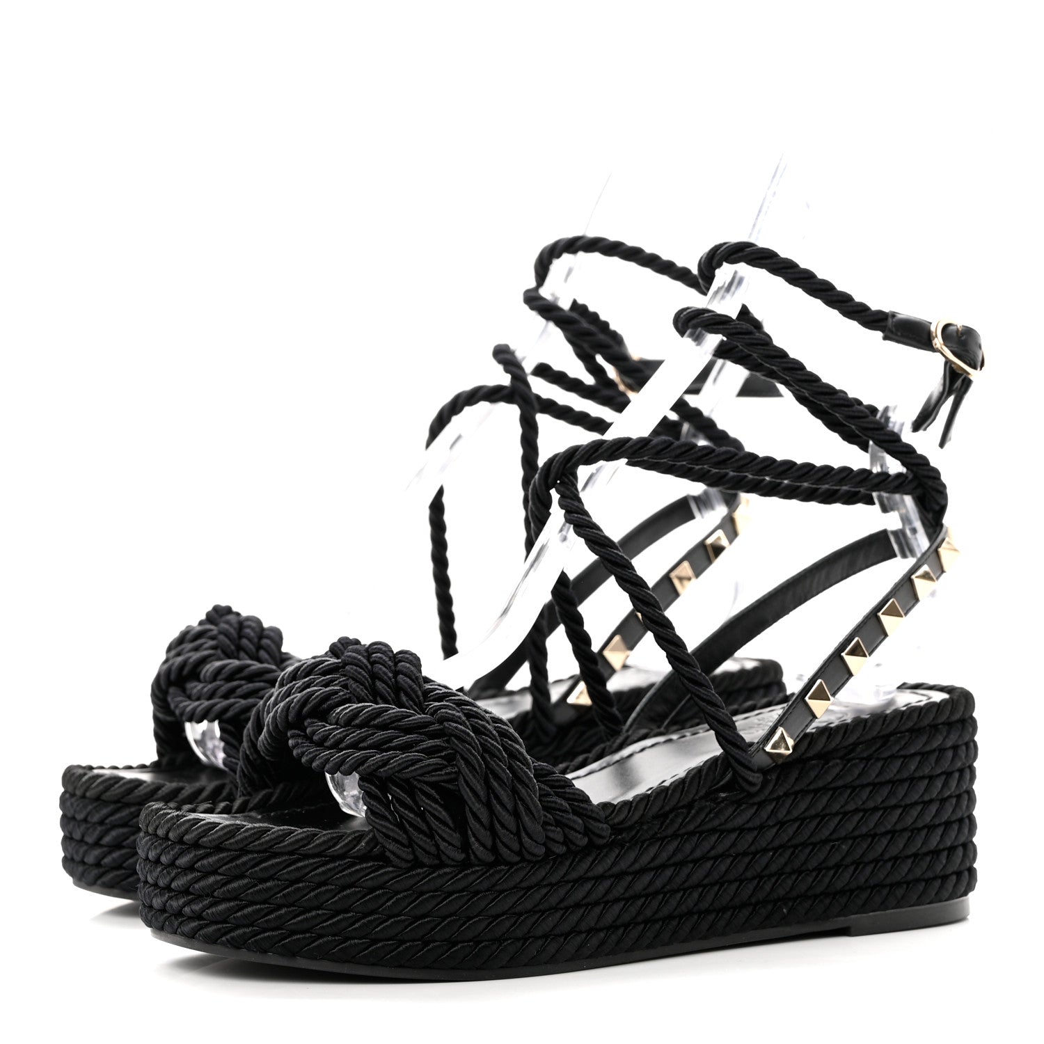 Valentino Garavani Calfskin Silk Woven Rockstud Torchon 55 Espadrille Sandals 36 Black 3 of 7