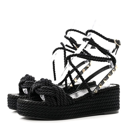 Valentino Garavani Calfskin Silk Woven Rockstud Torchon 55 Espadrille Sandals 36 Black 3 of 7