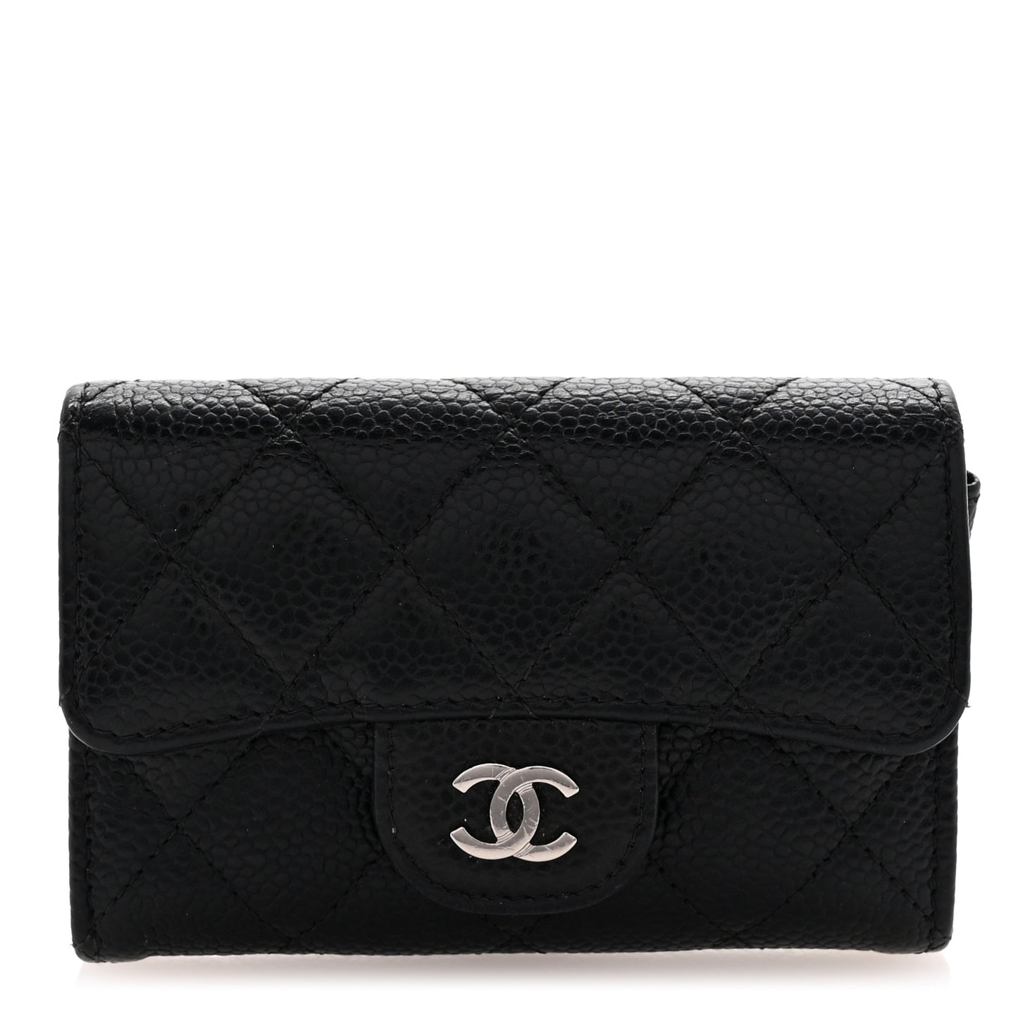 Caviar Quilted Flap Card Holder Wallet Black