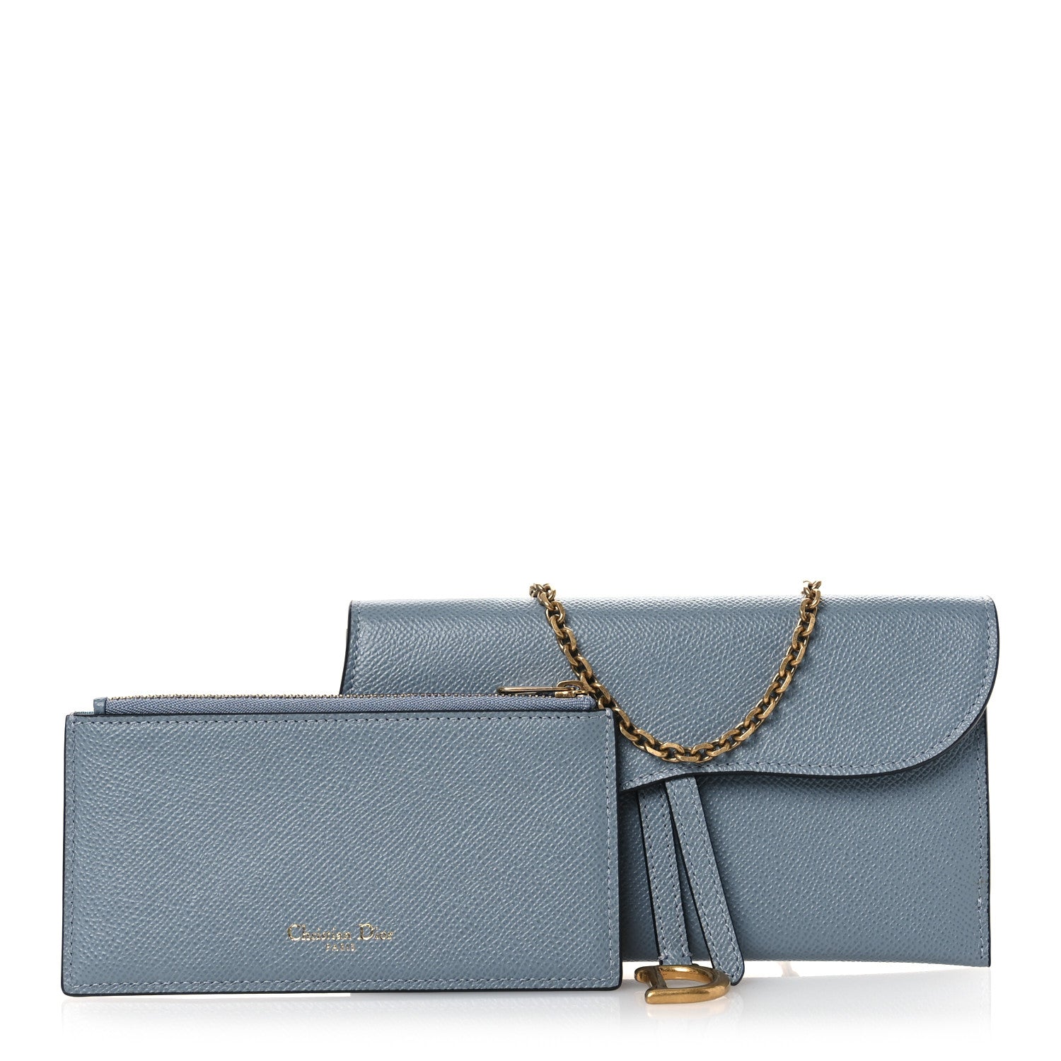 Christian Dior Grained Calfskin Saddle Chain Wallet Pouch Cloud Blue 3 of 13