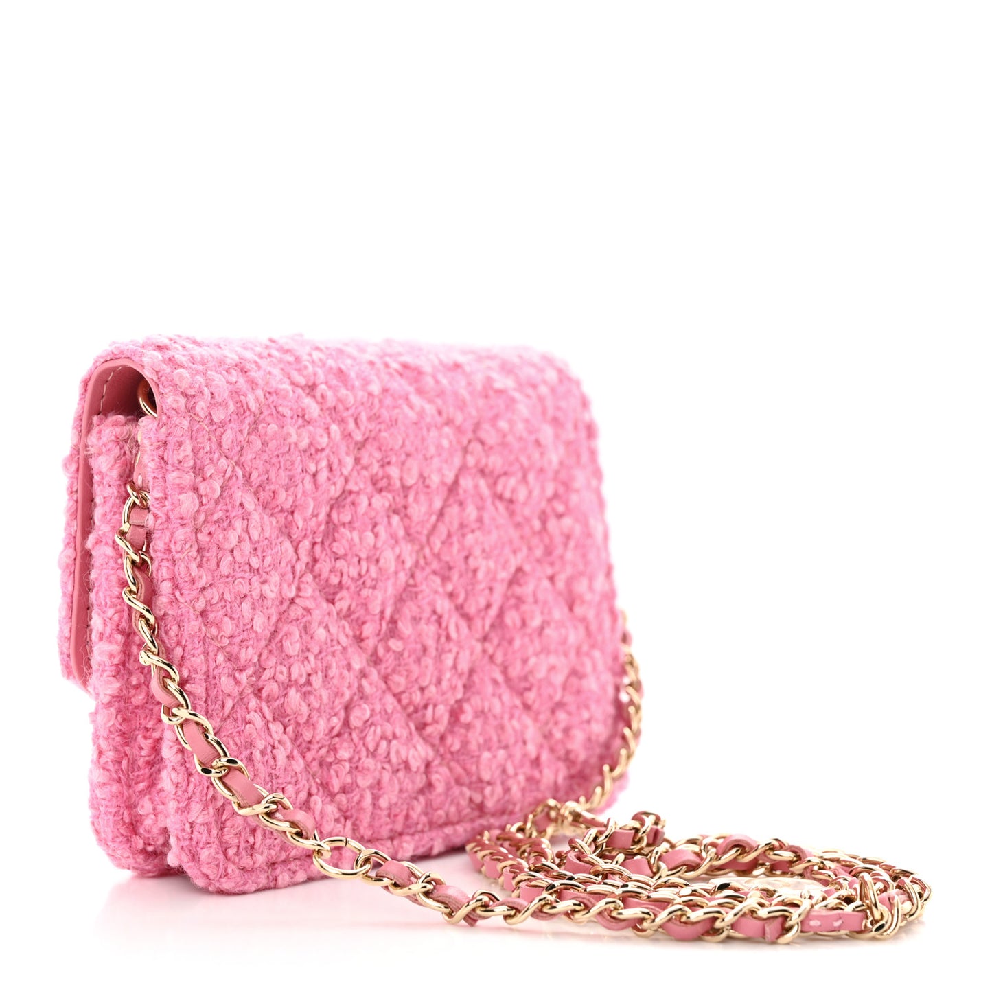 Tweed Quilted Flap Chain Waist Bag Pink