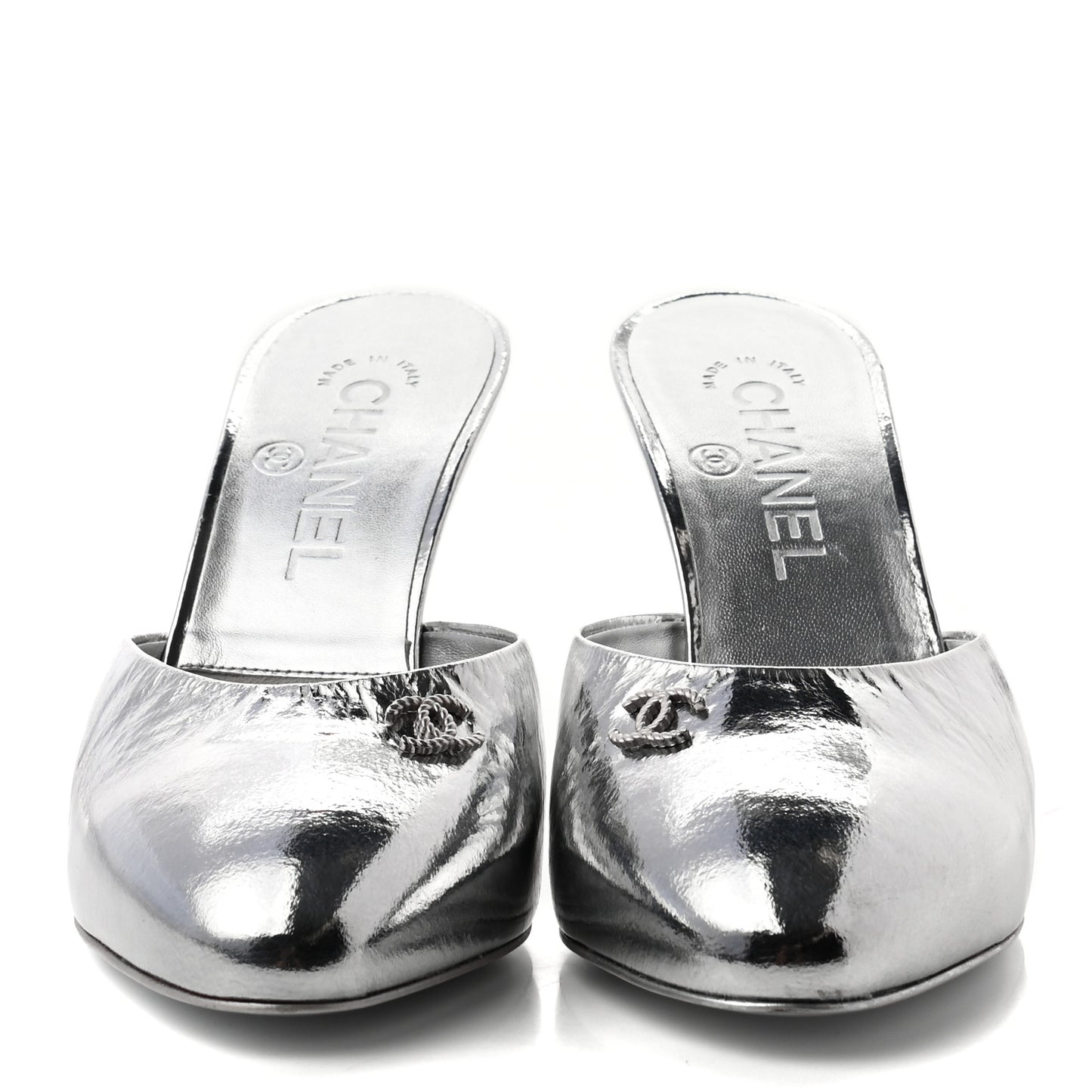 Metallic Goatskin CC Mules 36 Silver